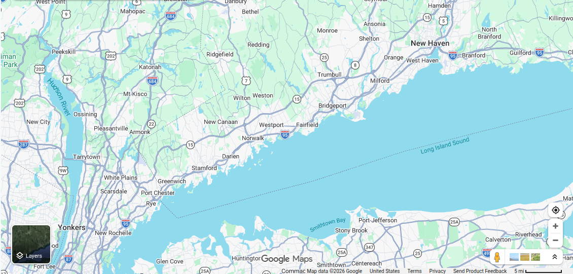 Google map view of Fairfield County, Connecticut, including Bridgeport, Fairfield, Stamford, Norwalk, Greenwich, Trumbull, and nearby towns